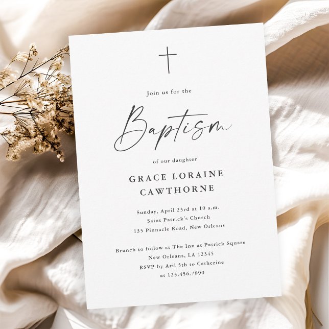 Modern Script Simple Black and White Baptism Invitation (Modern simple script black and white cross baptism invitation.)