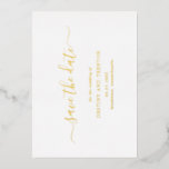 Modern Script Simple Elegant Wedding Save The Date<br><div class="desc">Simple wedding non photo Save the Date card with a clean and minimalist design featuring an elegant touch with "save the date" in script with swashes. All text on the front is in real gold foil. A modern Save the Date without pictures that coordinates beautifully with any style of wedding....</div>