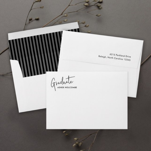 Modern Script Simple Graduation Return Address Envelope (Modern simple black and white graduation envelope.)