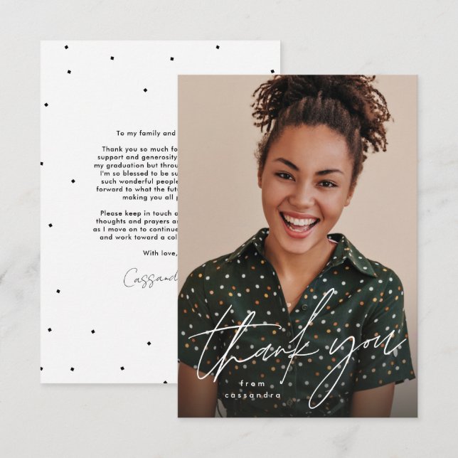 Modern script simple one photo graduation thank you card (Front/Back)