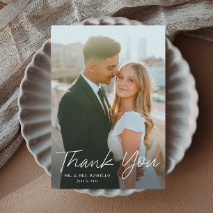 Modern Script Simple Petite Photo Wedding Thank You Card