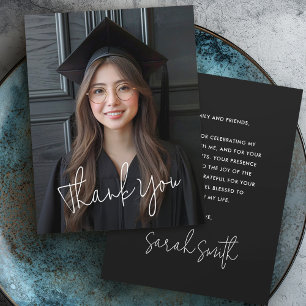 Modern script simple photo black graduation thank you card