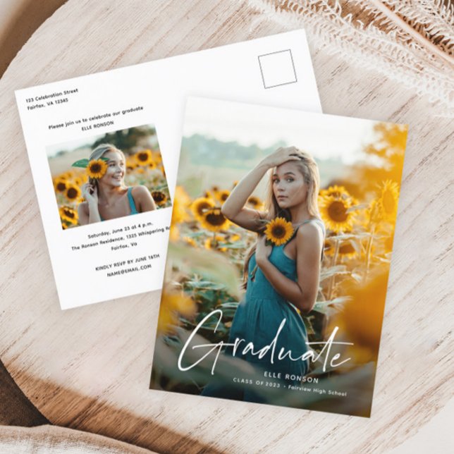 Modern Script Simple Photo Graduation Invitation Postcard (Modern handwritten script photo graduation invitation postcard.)