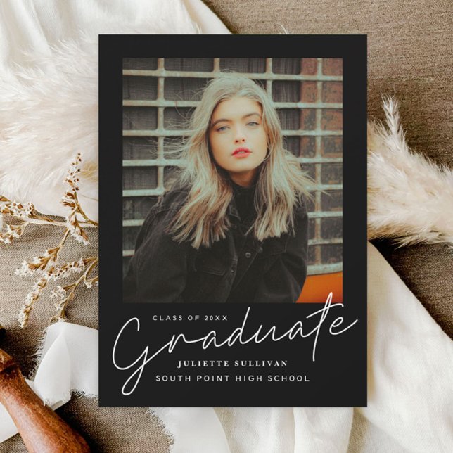 Modern Script Simple Photo Graduation Invitations (Elegant modern script graduate 3 photo graduation invitation announcements.)