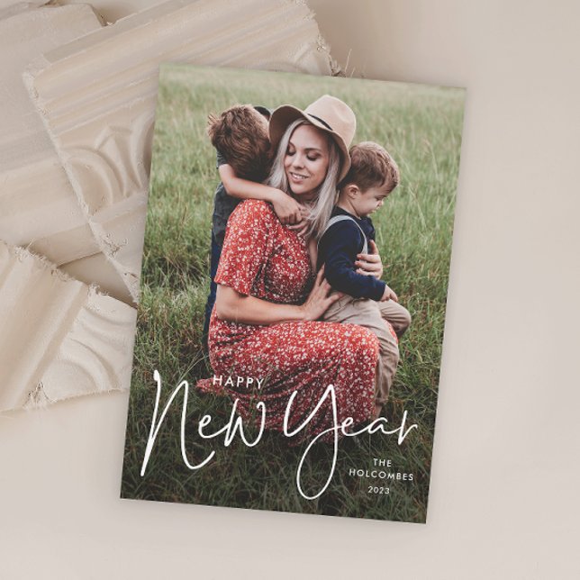 Modern Script Simple Photo New Year Holiday Card (Simple handwritten photo new years holiday card.)