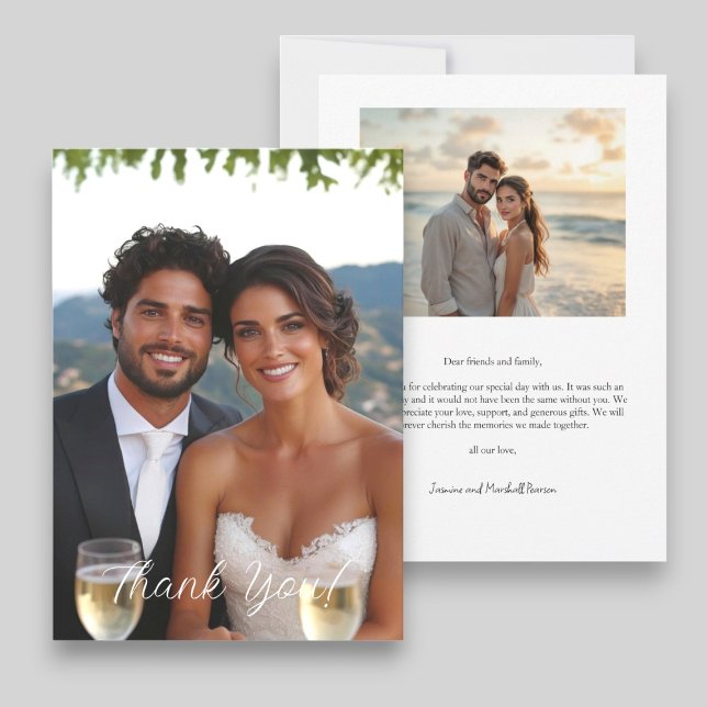 Modern Script Simple Photo Wedding Thank You (modern two photo wedding thank you card )