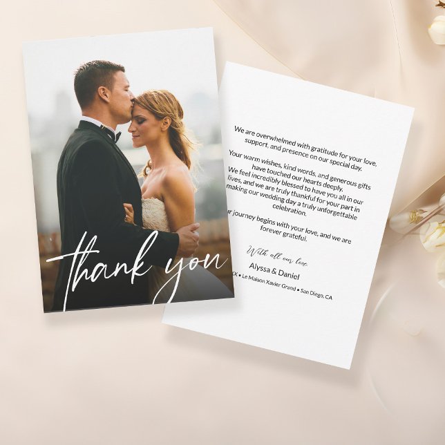Modern Script Simple Photo Wedding  Thank You Card (One wedding photo, modern thank you text overlay.)