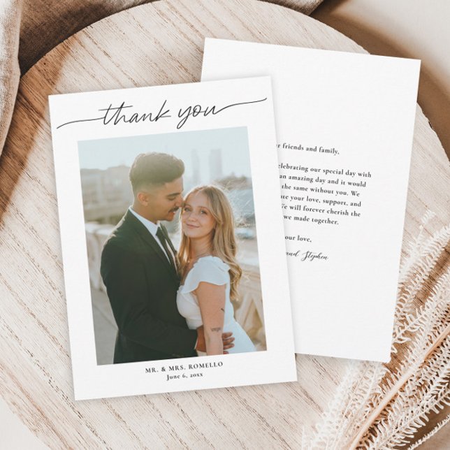 Modern Script Simple Photo Wedding Thank You Card (Simple black and white script wedding thank you card.)