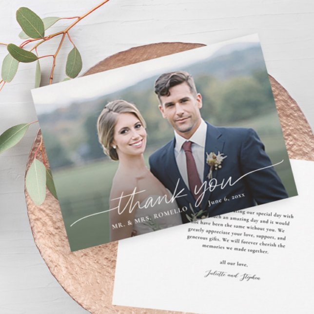 Modern Script Simple Photo Wedding Thank You Card (Elegant simple photo overlay wedding thank you card with message from the couple on the back.)