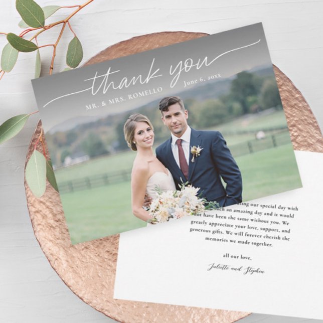 Modern Script Simple Photo Wedding Thank You Card (Elegant simple photo overlay wedding thank you card with message from the couple on the back.)