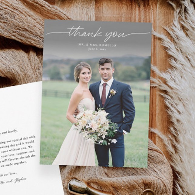 Modern Script Simple Photo Wedding Thank You Card (Elegant script wedding photo thank you card with message from the couple on the back.)