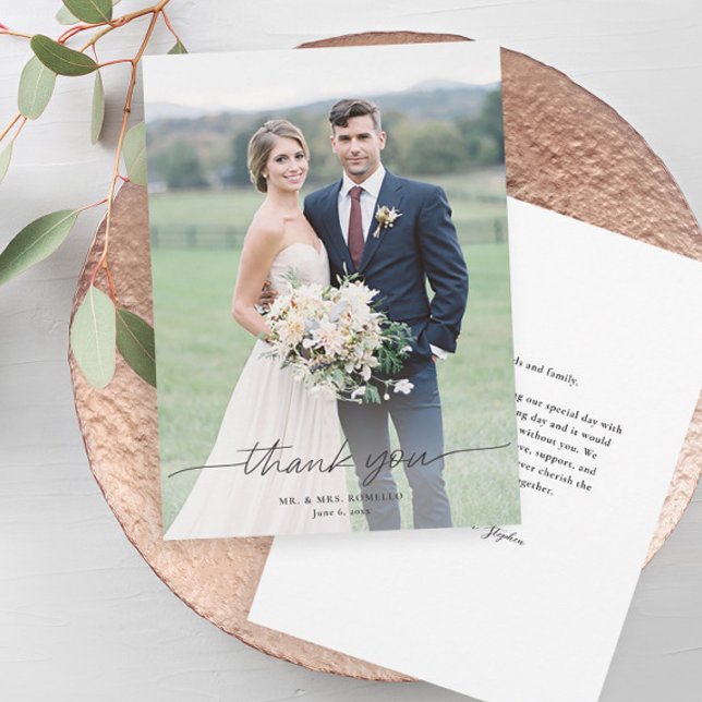 Modern Script Simple Photo Wedding Thank You Card (Elegant overlay typography wedding photo thank you card with message from the couple on the back.)