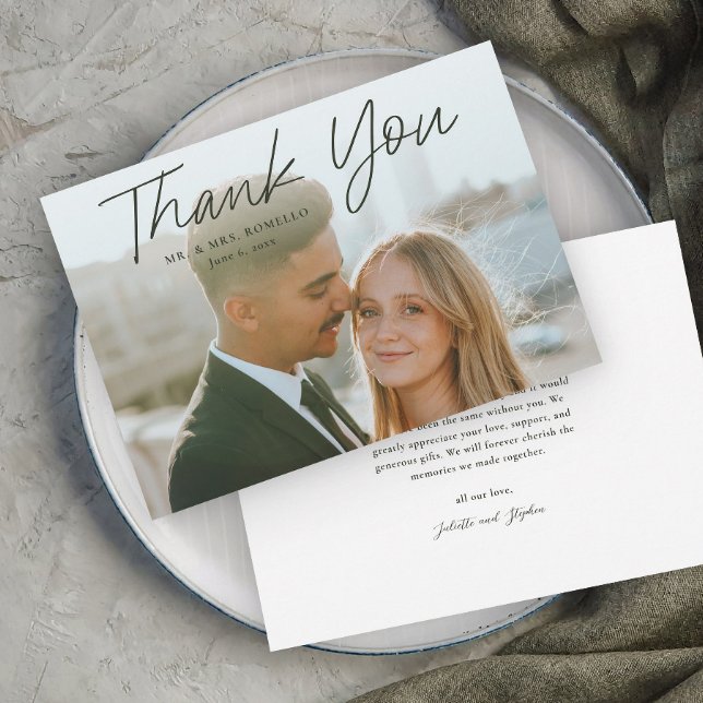 Modern Script Simple Photo Wedding Thank You Card (Modern script photo wedding thank you card.)
