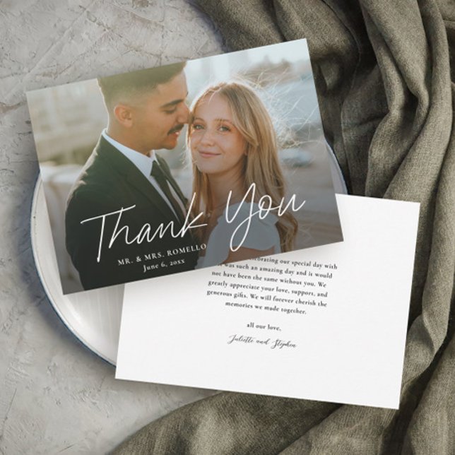 Modern Script Simple Photo Wedding Thank You Invitation (Modern script photo wedding thank you card with full bleed photo typography overlay.)