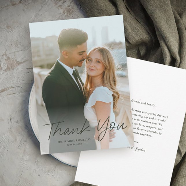 Modern Script Simple Photo Wedding Thank You Invitation (Modern script photo wedding thank you card with full bleed photo typography overlay.)