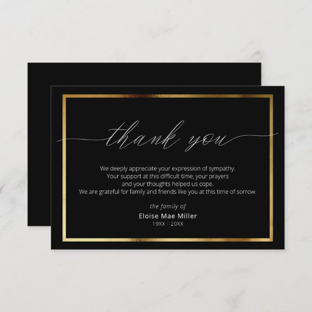 Modern Script Simple Sympathy Gold Thank You Card (Front/Back)