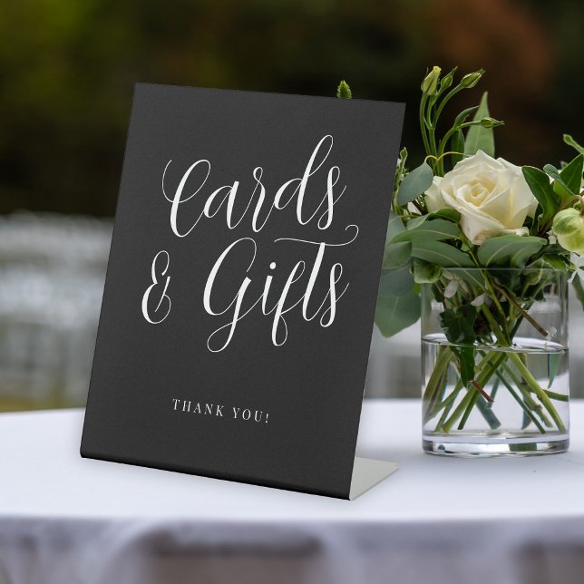 Modern script simple wedding cards gifts black pedestal sign (Creator Uploaded)