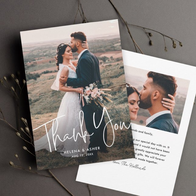 Modern Script Simple Wedding Photo Thank You Card (Simple wedding photo thank you card with overlay typography in white.)
