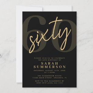 Modern Script Sixty Black Gold 60th Birthday Party Invitation