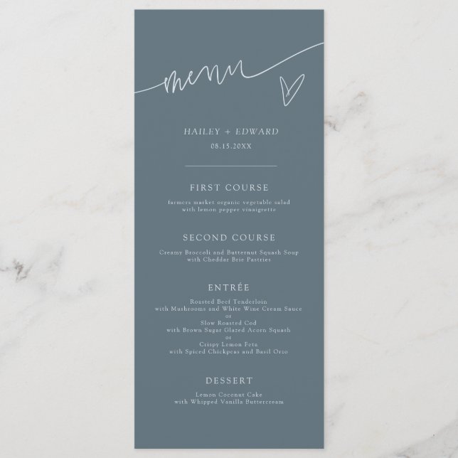 Modern Script Slate Blue Wedding Menu (Front)