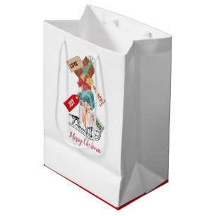 Modern Script Sled Cute Red White Merry Christmas Medium Gift Bag