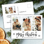 Modern Script Snowflake 3 Photo Collage Christmas Postcard<br><div class="desc">Elegant, Modern Black and White Snowflake 3 Photo Collage Merry Christmas Script Holiday Postcard. TThis festive, mimimalist, three photo holiday card template features a pretty photo collage, some snowflake and says Merry Christmas! The „Merry Christmas” greeting text is written in a beautiful whimsical hand lettered typography font script in black...</div>