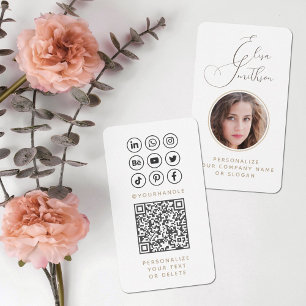  Modern Script Social Media QR Code Add Your Photo Business Card