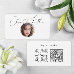  Modern Script Social Media QR Code Add Your Photo Business Card