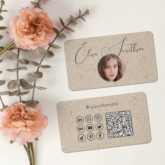  Modern Script Social Media QR Code Add Your Photo Business Card (Creator Uploaded)