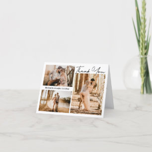 modern script stylish wedding 3 photos collage thank you card