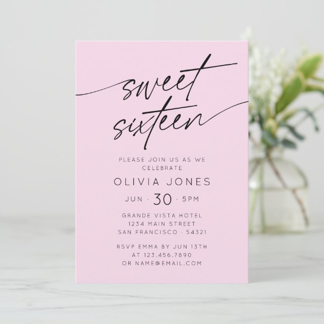 Modern Script Sweet Sixteen Birthday Party Photo Invitation (Standing Front)