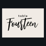 Modern Script Table 14 Fourteen Off-White Wedding Number<br><div class="desc">Modern Script Table 14 Fourteen Off-White Wedding or Dinner Party Table Number. Fourteen is written out in a trendy chic hand-lettered font. The background colour of this table number is colour editable, just click the customise further button to select any colour you need. A stylish yet simple design in black...</div>