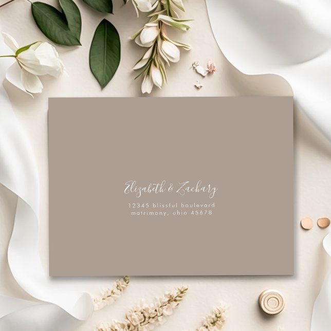 Modern Script Taupe Wedding RSVP Return Envelope (Creator Uploaded)