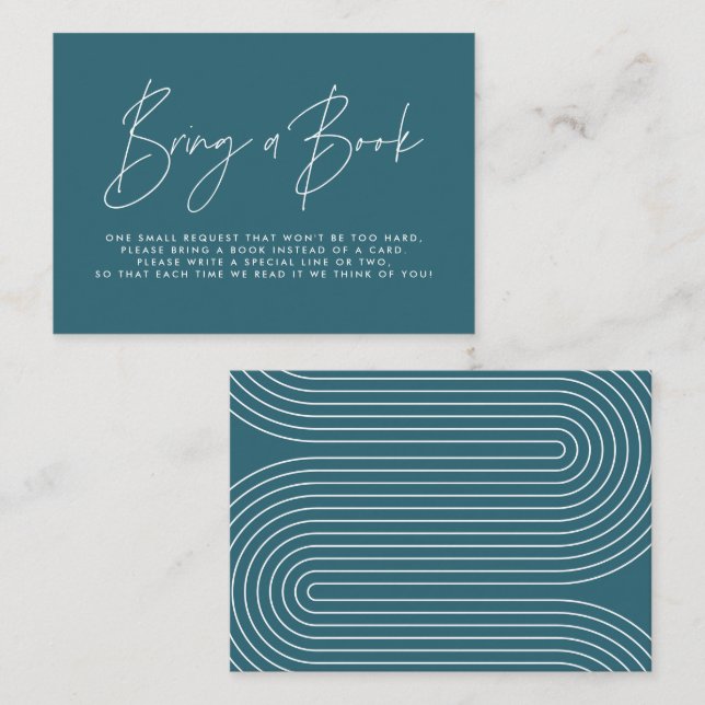 Modern script teal blue baby shower bring a book  card (Front/Back)