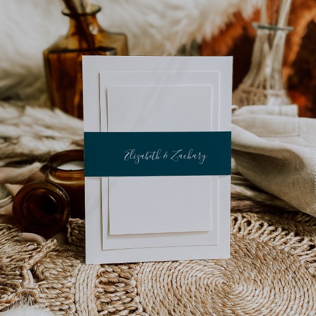 Modern Script Teal Blue Wedding Invitation Belly Band (Creator Uploaded)