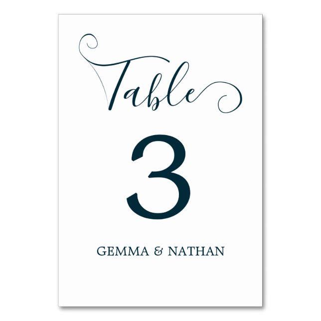 Modern Script Teal Wedding Table Number Card (Front)