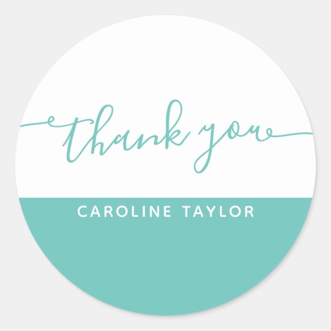 Modern Script Teal & White Thank You Classic Round Sticker (Front)
