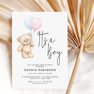 Modern Script Teddy Bear Boy Baby Shower Invitation