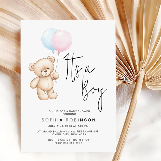 Modern Script Teddy Bear Boy Baby Shower Invitation (Creator Uploaded)