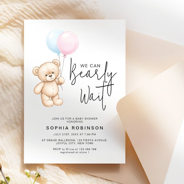 Modern Script Teddy Bear Minimalist Baby Shower Invitation (Creator Uploaded)