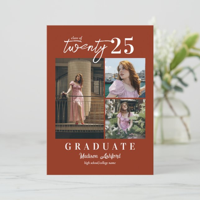 Modern Script Terracotta Photo Collage Graduation Announcement (Standing Front)