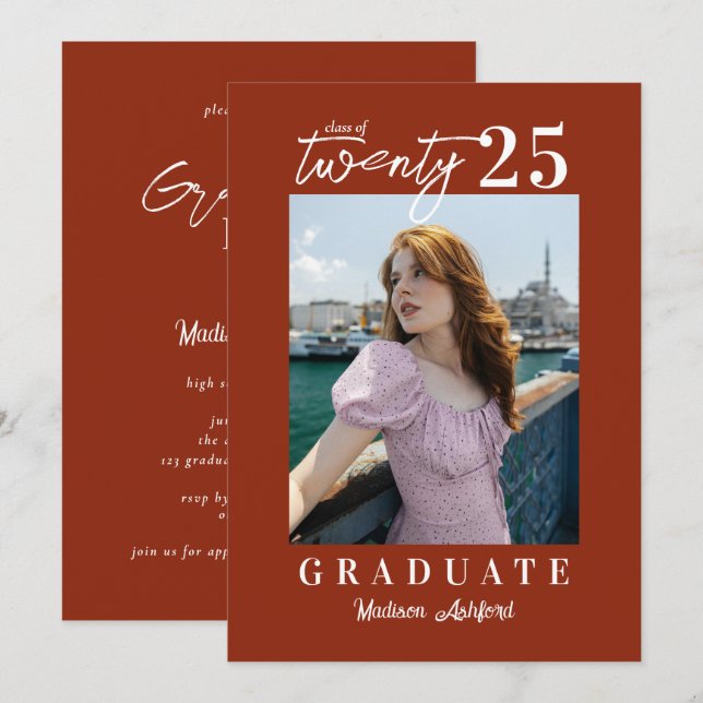 Modern Script Terracotta Photo Graduation Party Invitation (Front/Back)