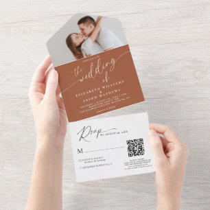 Modern Script Terracotta Photo QR Code Wedding All In One Invitation