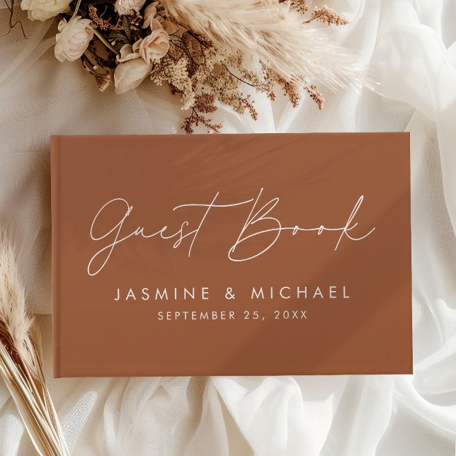 Modern Script Terracotta Photo Wedding Guest Book (Creator Uploaded)