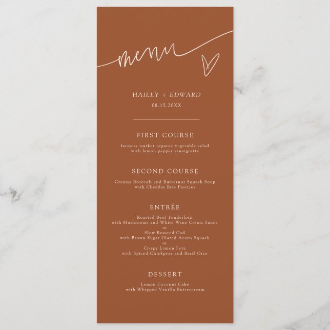 Modern Script Terracotta Wedding Menu (Front)