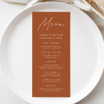 Modern Script Terracotta Wedding Menu<br><div class="desc">Elevate your wedding reception with our beautifully crafted wedding menu, featuring a sleek handwritten white script on a terracotta background. Perfect for couples seeking a simple yet sophisticated look, this modern design lets you personalise with your names, wedding date, and menu offerings. Its minimalist style effortlessly complements any wedding theme,...</div>