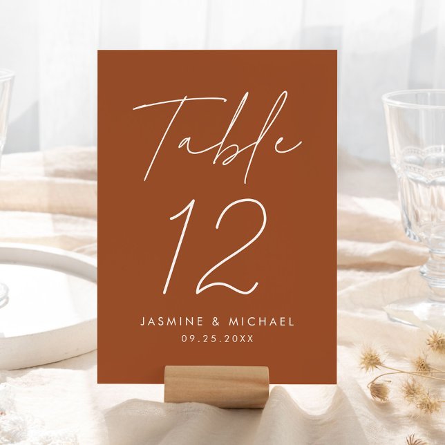 Modern Script Terracotta Wedding Table Number Card (Creator Uploaded)