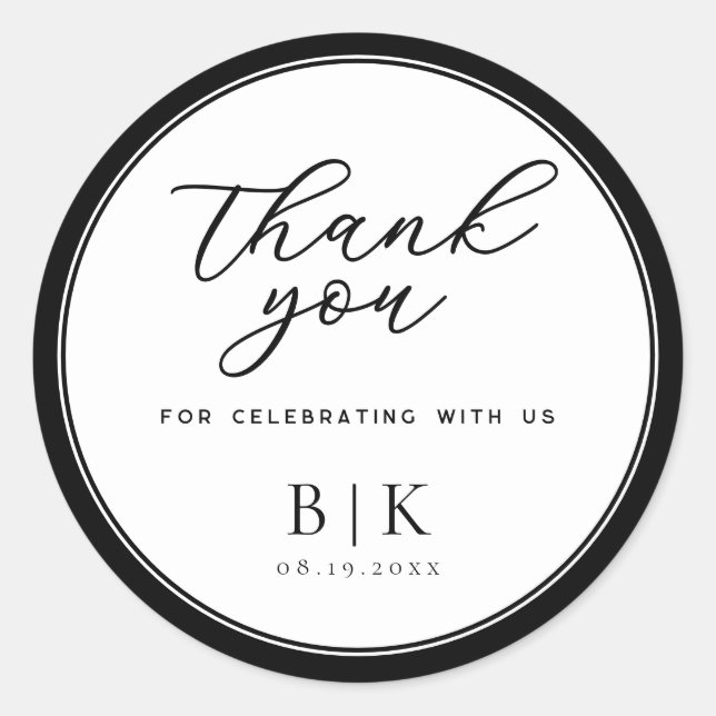 Modern Script Thank You Black Border Wedding Favou Classic Round Sticker (Front)