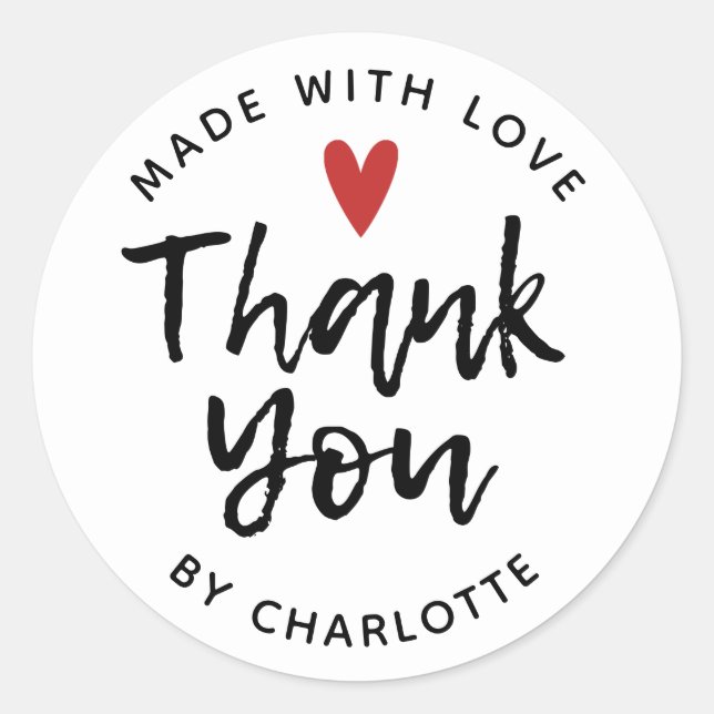 Modern Script Thank You Handmade With Love Classic Round Sticker (Front)
