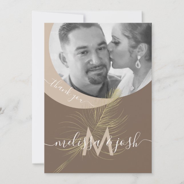Modern Script Thank You Wedding Gold Feather Invitation (Front)